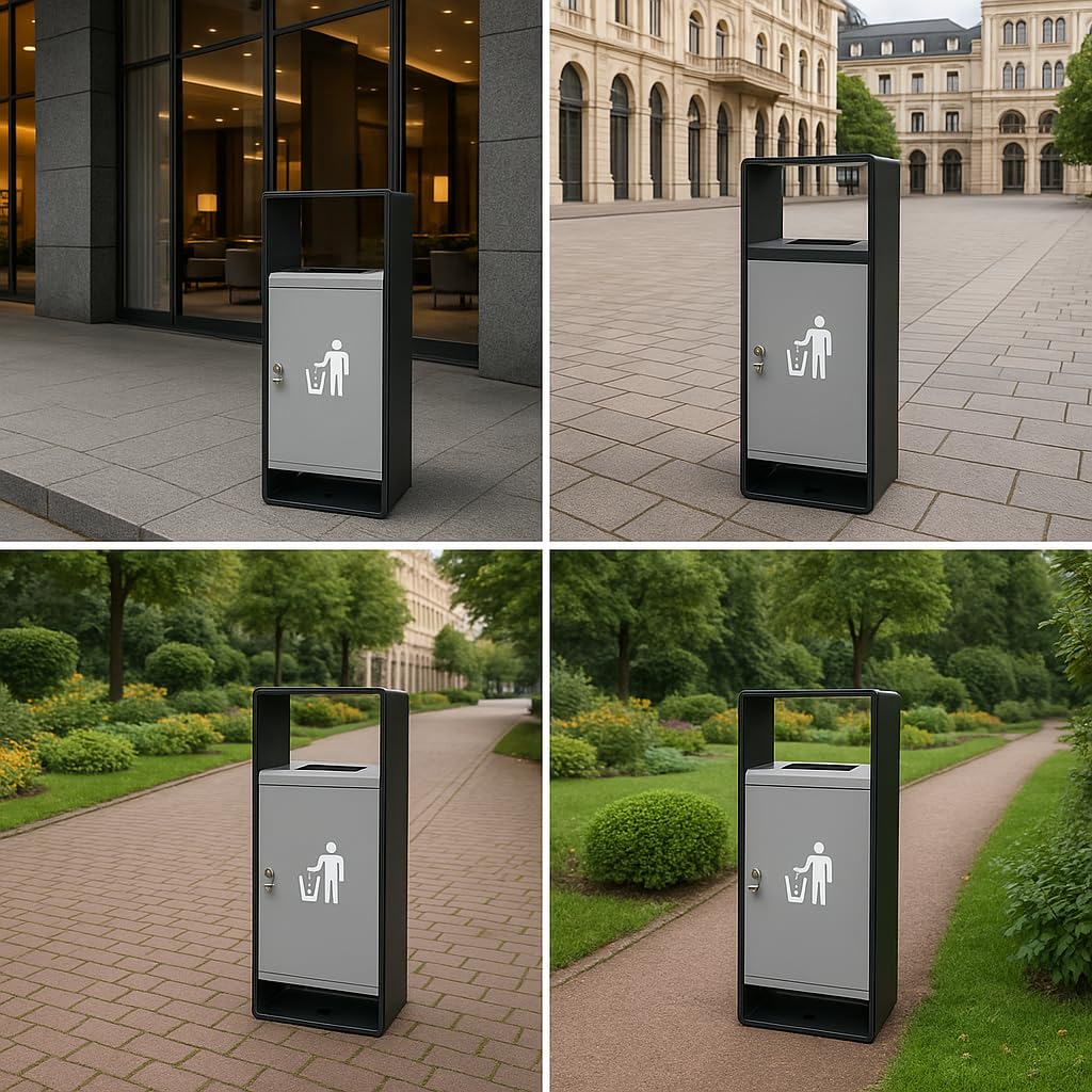Four scenes showing outdoor waste receptacles in commercial plaza, historic building courtyard, paved walkway, and garden pathway