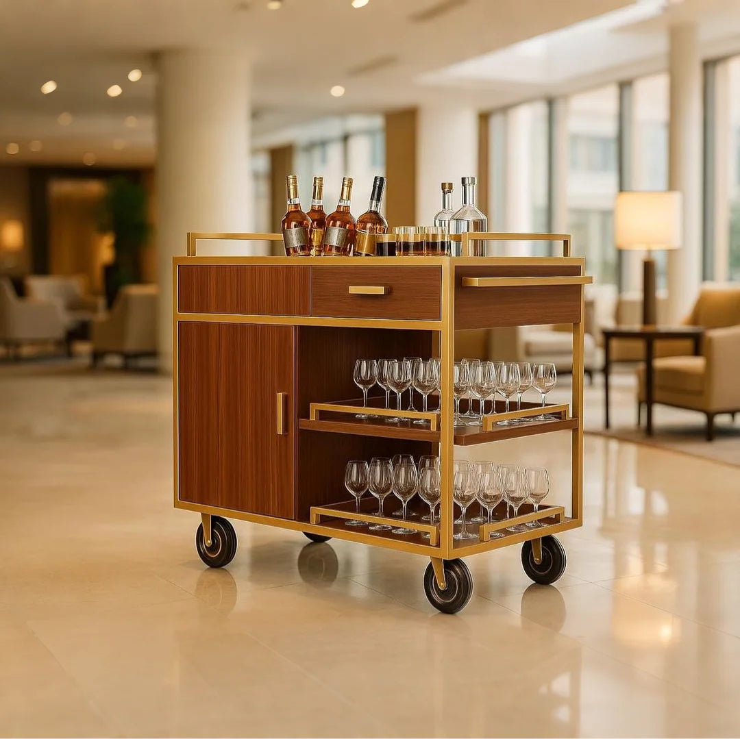 Professional cabinet service cart operating in upscale hotel restaurant environment with modern interior design. Premium service trolley featuring enclosed walnut storage, organized glassware display, and wine bottle arrangement for sophisticated hospitality and fine dining service applications.