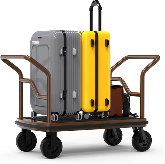 Professional hotel luggage cart featuring protective side rails for secure suitcase transport. Heavy-duty bellman cart loaded with multiple pieces of luggage including gray and yellow suitcases. Sturdy platform design with bronze handrails and durable wheels for efficient guest luggage handling in hotels and hospitality settings. Commercial-grade luggage trolley built for reliable baggage transportation service.
