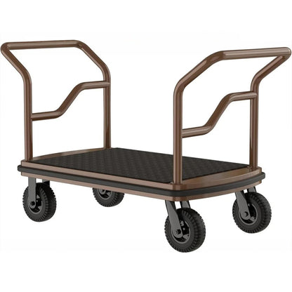 Professional hotel luggage cart featuring ergonomic dual handle design and spacious platform. Complete bellman cart view showing bronze-finished handrails, non-slip carpet surface, and heavy-duty wheel configuration for efficient guest luggage transportation.