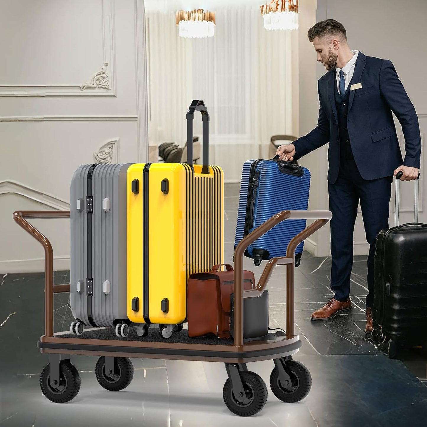 Professional hotel bellman in elegant lobby using premium luggage cart loaded with multiple colorful suitcases. Hotel luggage cart featuring protective rails and sturdy platform, demonstrating professional guest service in luxury hospitality environment. Bellman cart efficiently transporting various sized luggage including yellow, gray, blue and brown suitcases.