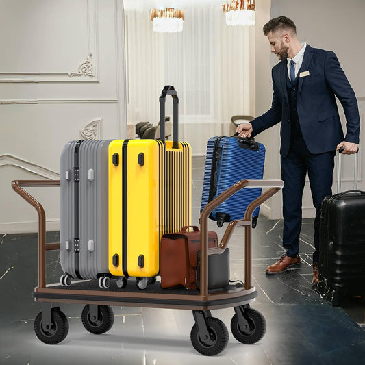 Professional hotel bellman in elegant lobby using premium luggage cart loaded with multiple colorful suitcases. Hotel luggage cart featuring protective rails and sturdy platform, demonstrating professional guest service in luxury hospitality environment. Bellman cart efficiently transporting various sized luggage including yellow, gray, blue and brown suitcases.
