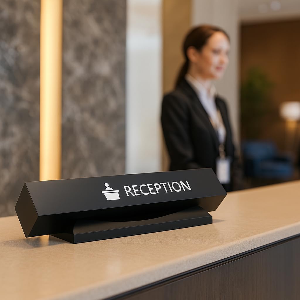 Black reception desk sign in active hotel lobby setting with professional female staff member in background providing customer service