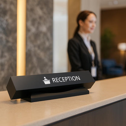 Black reception desk sign in active hotel lobby setting with professional female staff member in background providing customer service