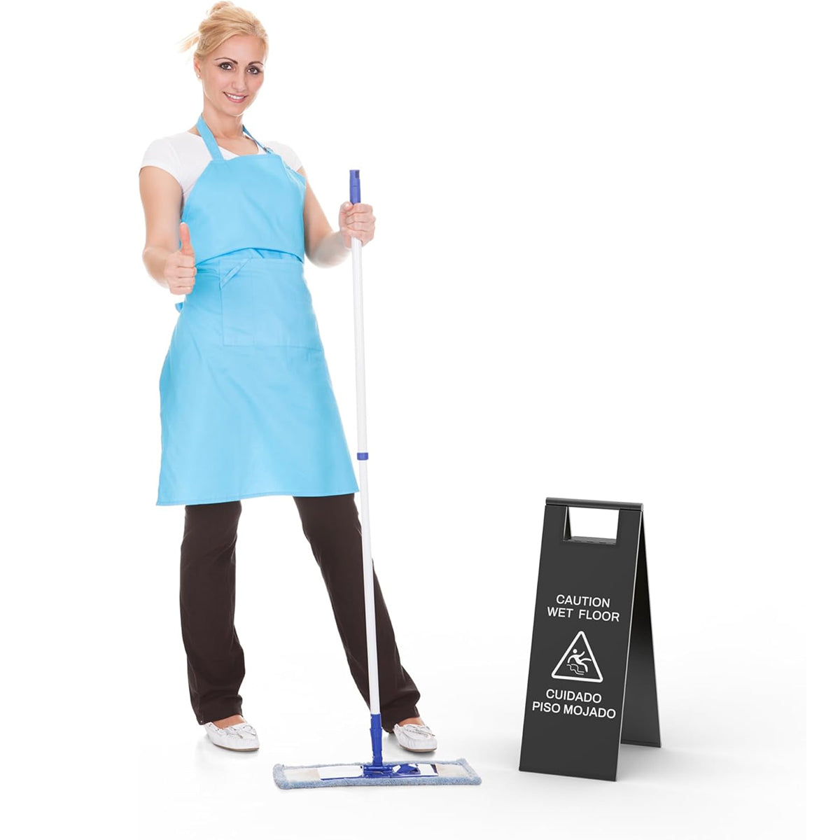 Professional cleaning staff with mop and wet floor caution a-frame sign demonstrating proper safety protocol during floor cleaning