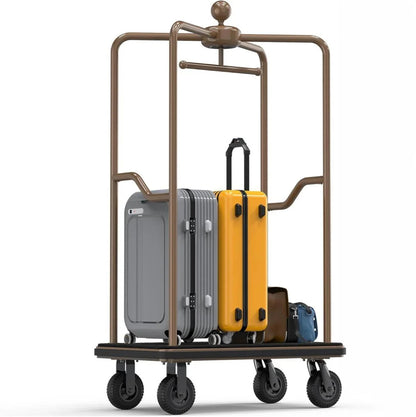Complete enclosed hotel luggage cart displaying full protective canopy system. Professional rooftop bellman cart with comprehensive overhead frame coverage, bronze-finished structure, and secure multi-luggage transport capability for premium hospitality operations.