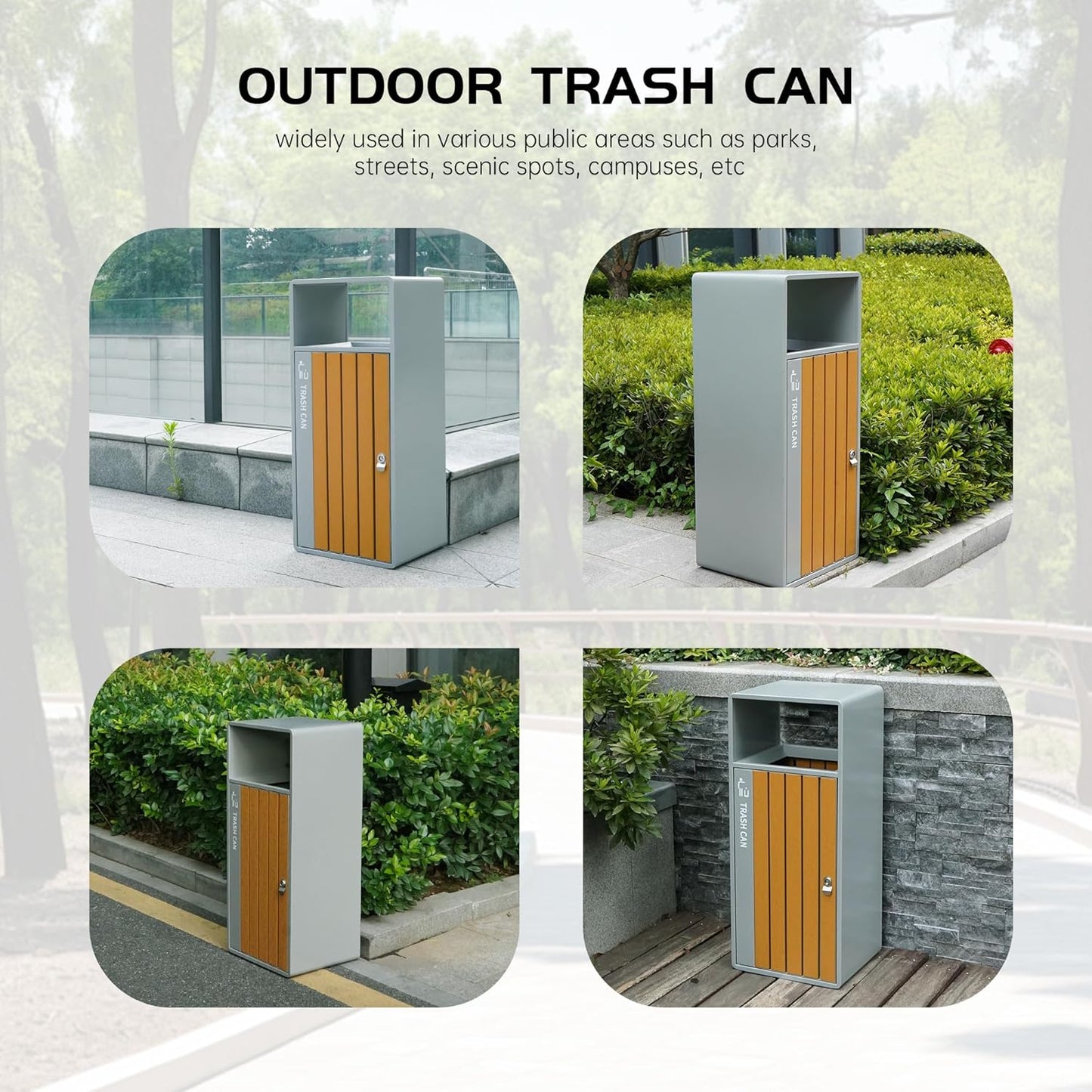 Collection of outdoor trash cans with wooden doors shown in various public settings including parks, streets, and campus areas