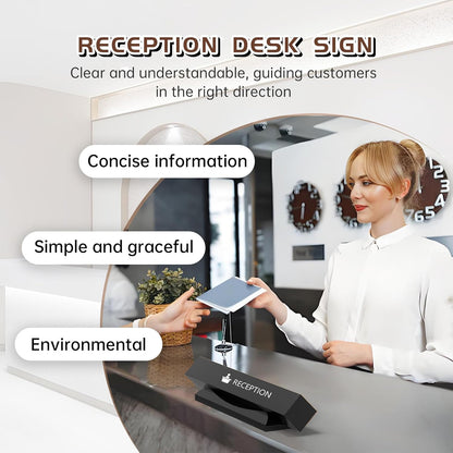 Reception desk sign with informational callouts highlighting concise information, simple design and environmental features with hotel receptionist