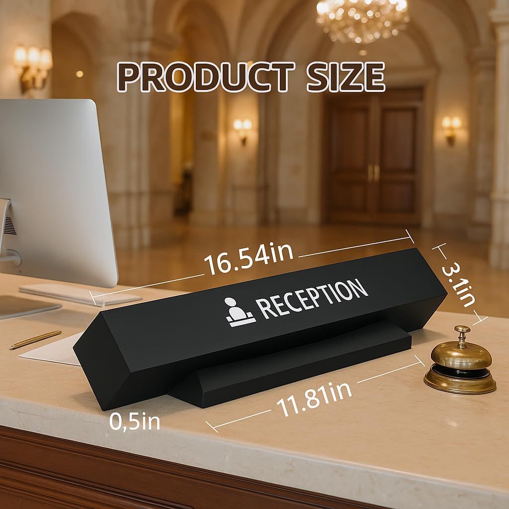 Black reception desk sign with detailed measurements showing 16.54 inch length, 1.3 inch height, positioned on luxury hotel reception desk with service bell