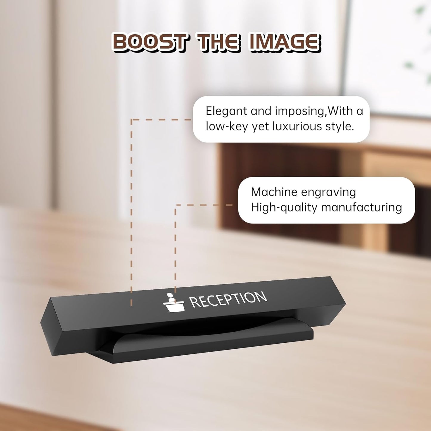 High-quality machine engraved reception desk sign showcasing elegant design and luxurious manufacturing with professional callout annotations