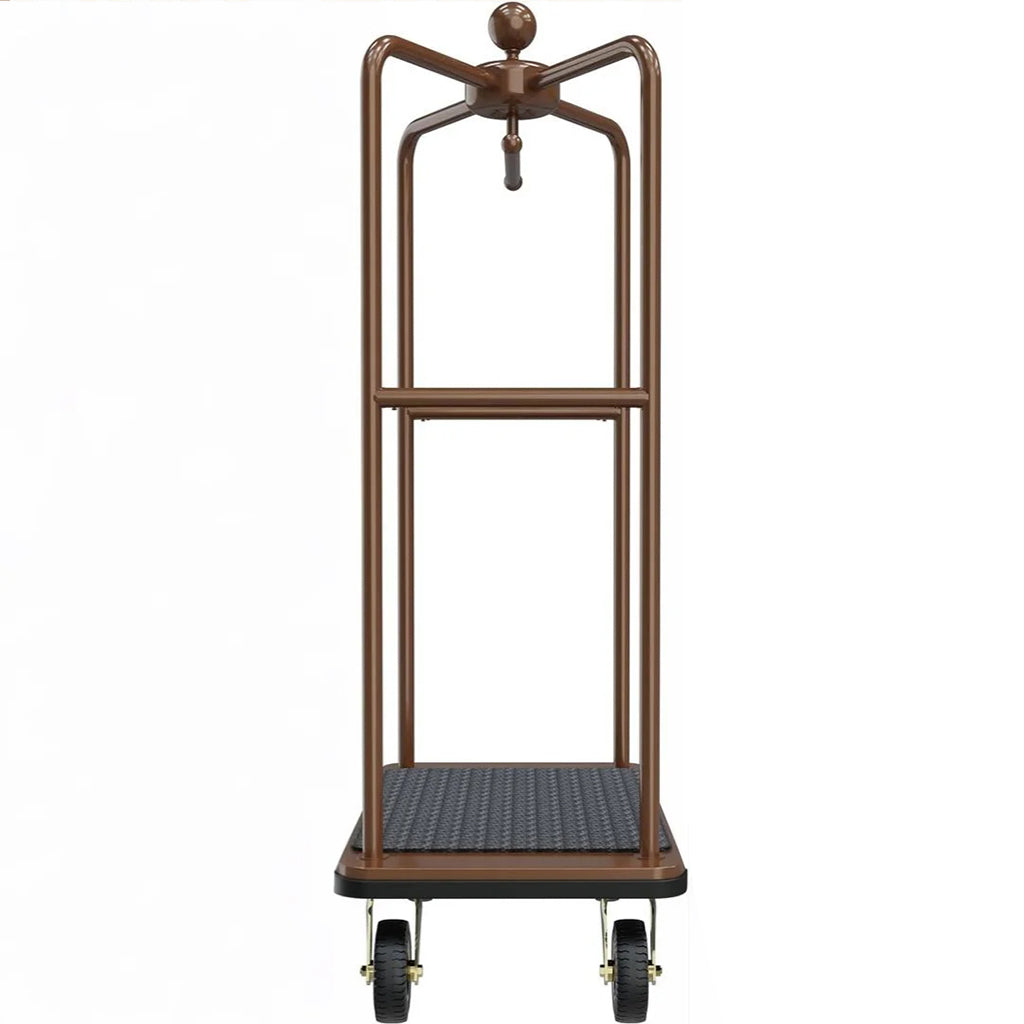Space-efficient enclosed luggage cart demonstrating compact storage capability. Professional canopy bellman cart with foldable overhead frame design, showing space-saving benefits for hotel storage areas while maintaining structural integrity and premium bronze finish.