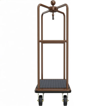 Space-efficient enclosed luggage cart demonstrating compact storage capability. Professional canopy bellman cart with foldable overhead frame design, showing space-saving benefits for hotel storage areas while maintaining structural integrity and premium bronze finish.