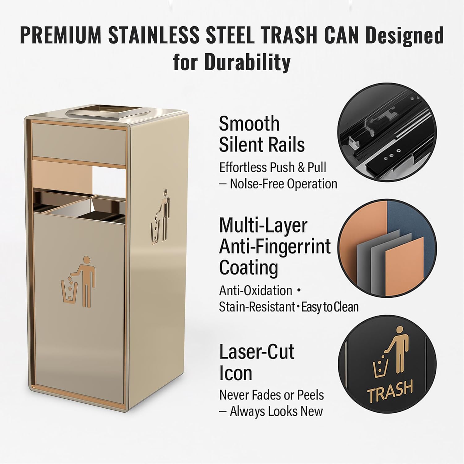 Premium outdoor trash can with lid featuring silent rails, anti-fingerprint coating, and laser-cut icons for commercial use