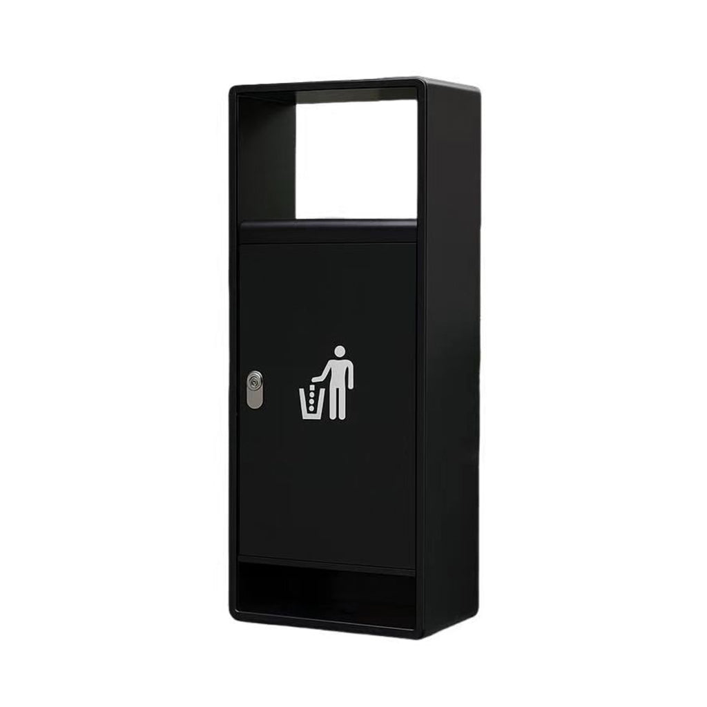 Black steel outdoor trash can with top opening and litter symbol, featuring lockable door and modern rectangular design