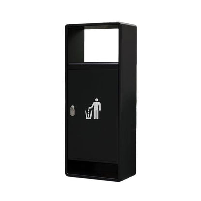 Black steel outdoor trash can with top opening and litter symbol, featuring lockable door and modern rectangular design