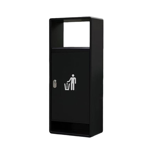Black steel outdoor trash can with top opening and litter symbol, featuring lockable door and modern rectangular design