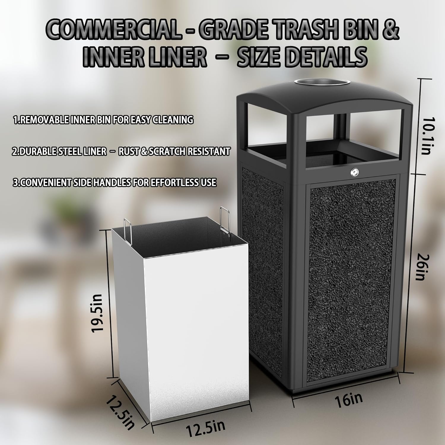 Heavy-duty steel outdoor trash receptacle with removable inner bin, stone texture finish and detailed size specifications for commercial applications