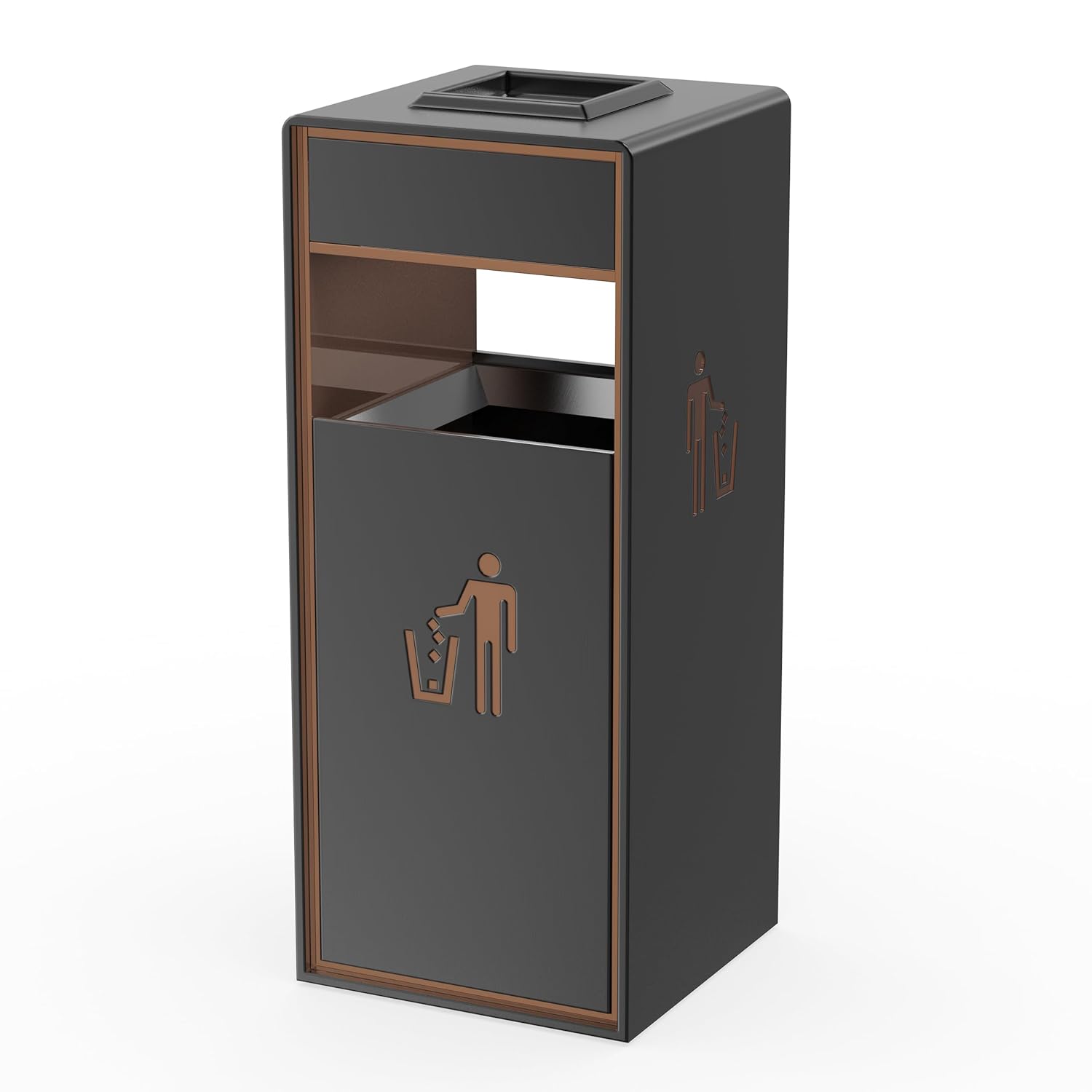 Modern steel outdoor trash can with bronze copper accent trim and waste disposal icon, featuring top opening and side access compartment