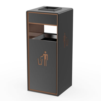 Modern steel outdoor trash can with bronze copper accent trim and waste disposal icon, featuring top opening and side access compartment