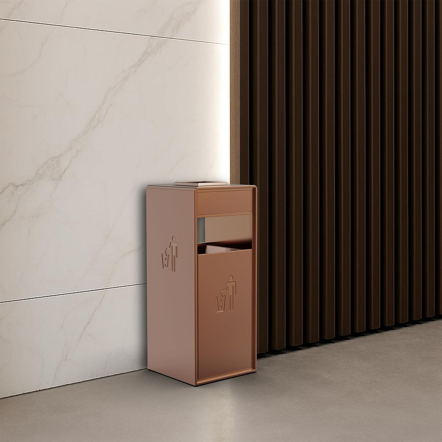 Rose gold finished steel outdoor trash can with modern design, perfect for commercial spaces and featuring durable weather-resistant construction