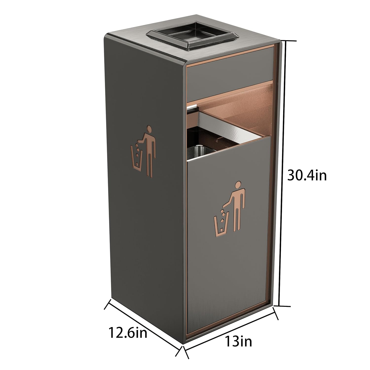 Large commercial trash can with lock showing complete dimensions of 30.4 inches height, 12.6 x 13 inch base, featuring dual waste symbols and secure locking mechanism