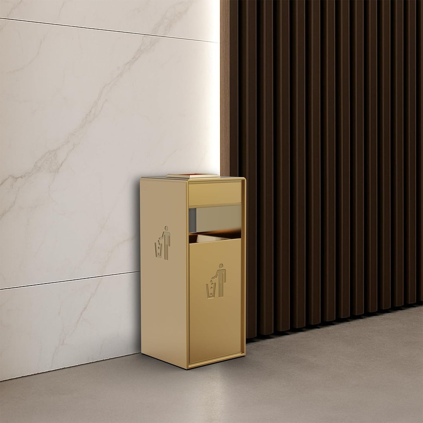 Premium golden trash can with integrated lock system, featuring dual waste disposal icons and secure access design for upscale environments