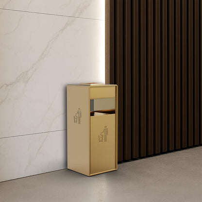 Premium golden trash can with integrated lock system, featuring dual waste disposal icons and secure access design for upscale environments