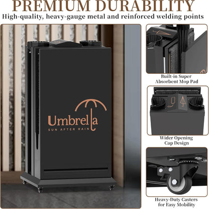 Product showcase highlighting heavy-duty construction with reinforced metal welding, built-in absorbent mop pad, wider opening design, and mobility casters for enhanced functionality
