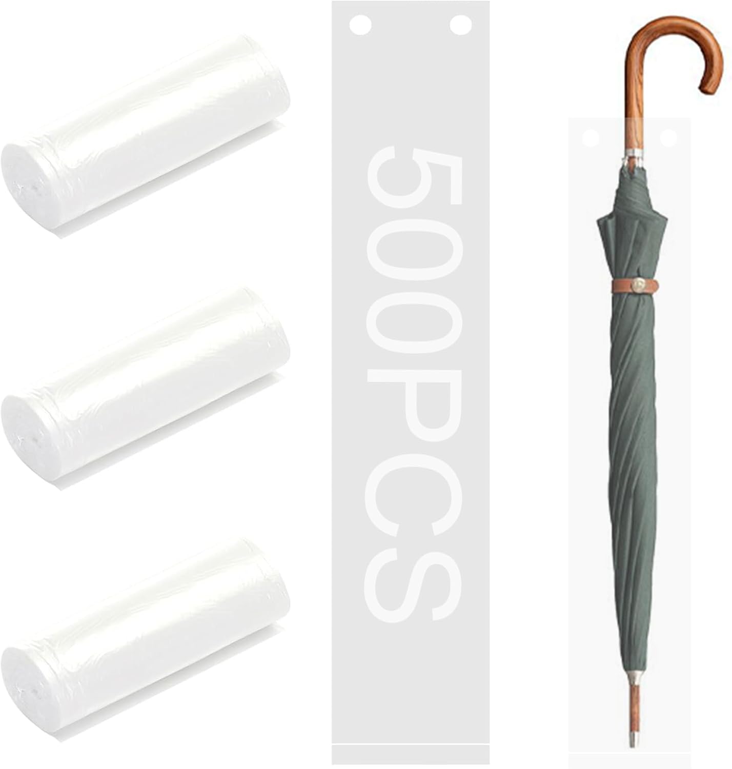 Package of 50 clear plastic umbrella bags showing quantity and compatibility with umbrella bag dispenser systems, displayed alongside green umbrella for size reference