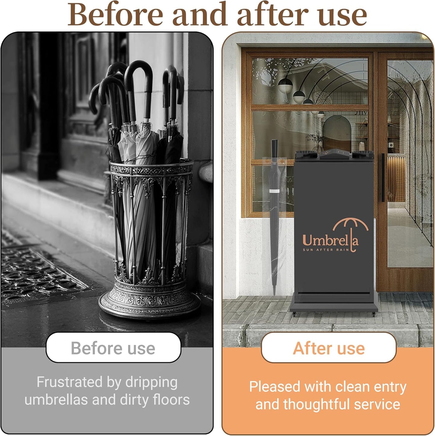 Split image showing cluttered traditional umbrella stand versus clean, organized entrance with modern umbrella plastic bag dispenser installation
