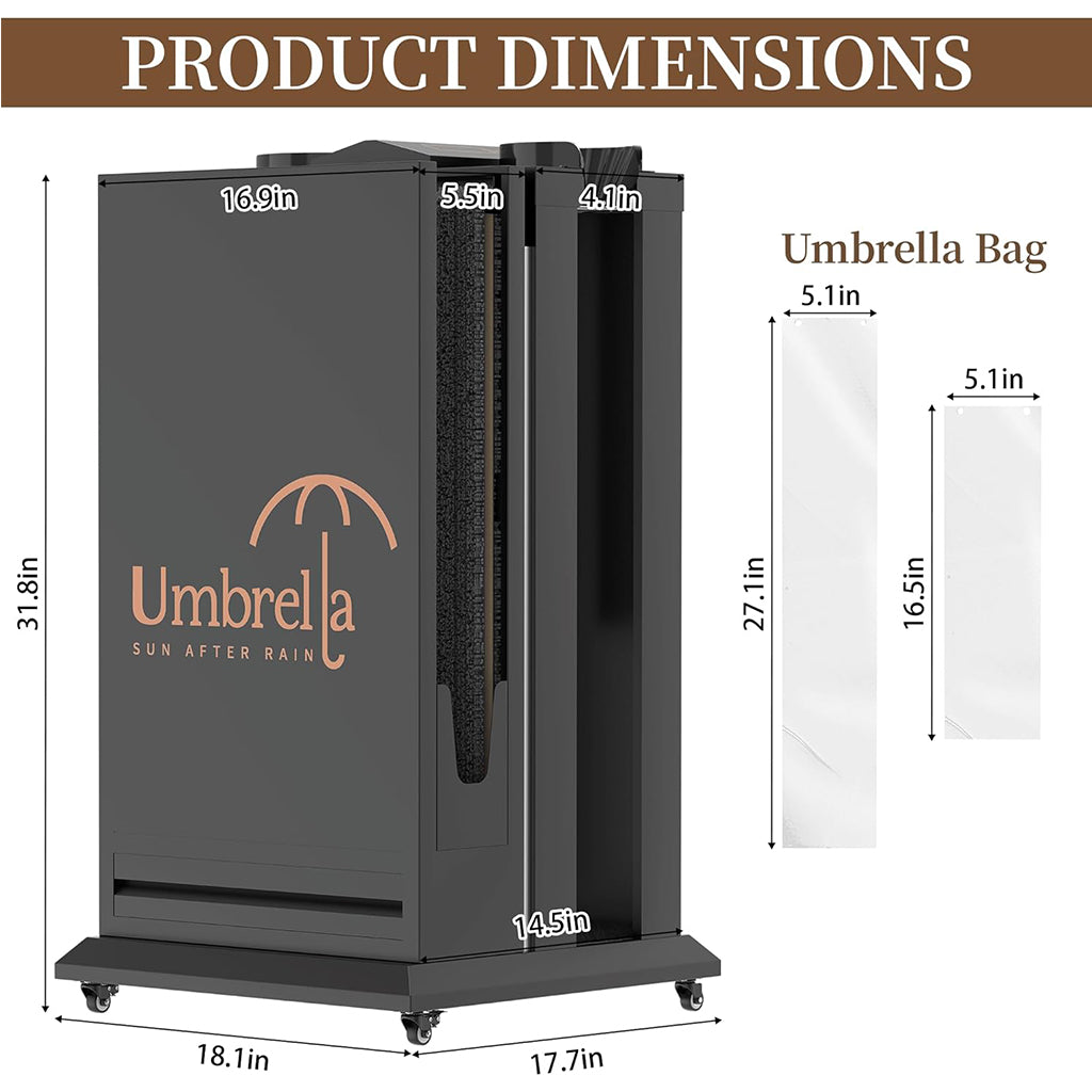 Technical specifications diagram of umbrella plastic bag dispenser showing detailed measurements: 31.8in height, 18.1in width, 17.7in depth, with umbrella bag dimensions chart