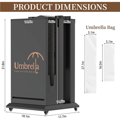 Technical specifications diagram of umbrella plastic bag dispenser showing detailed measurements: 31.8in height, 18.1in width, 17.7in depth, with umbrella bag dimensions chart