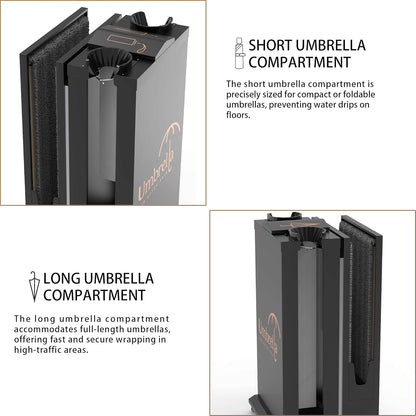 Close-up view showing short and long umbrella compartments with detailed explanations of storage capacity for different umbrella types and water management features