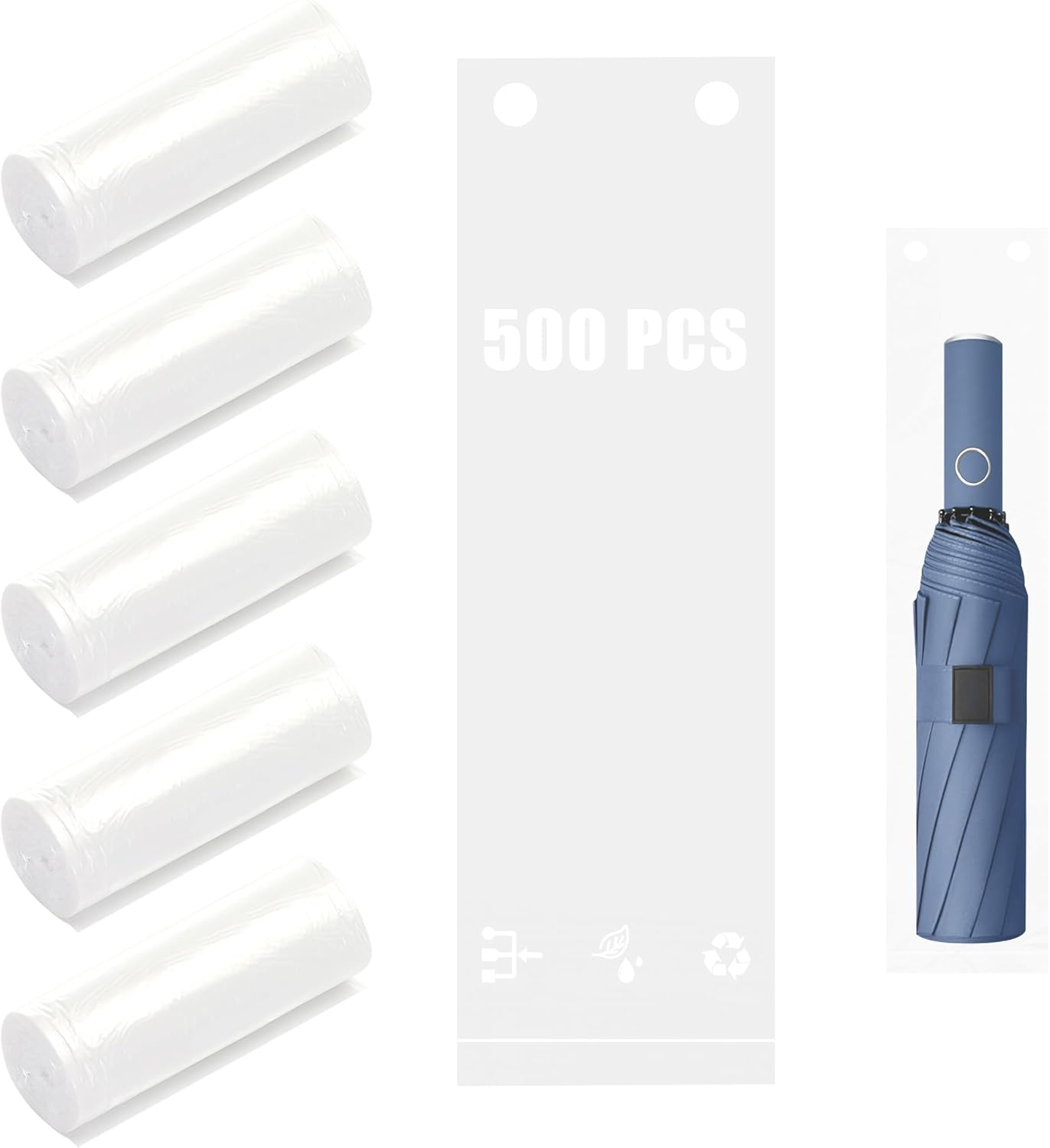 White plastic umbrella storage bags arranged in rows with size specifications, designed for use with umbrella plastic bag dispensers to keep wet umbrellas contained