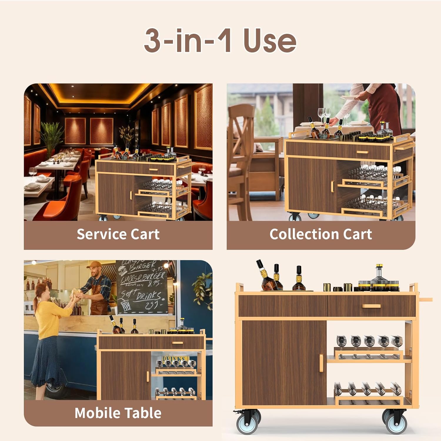 Versatile cabinet service cart demonstrating 3-in-1 functionality as service cart, collection cart, and mobile table. Multi-purpose restaurant service trolley with enclosed storage, pull-out shelves, and adaptable design for dining rooms, banquet halls, and catering operations.