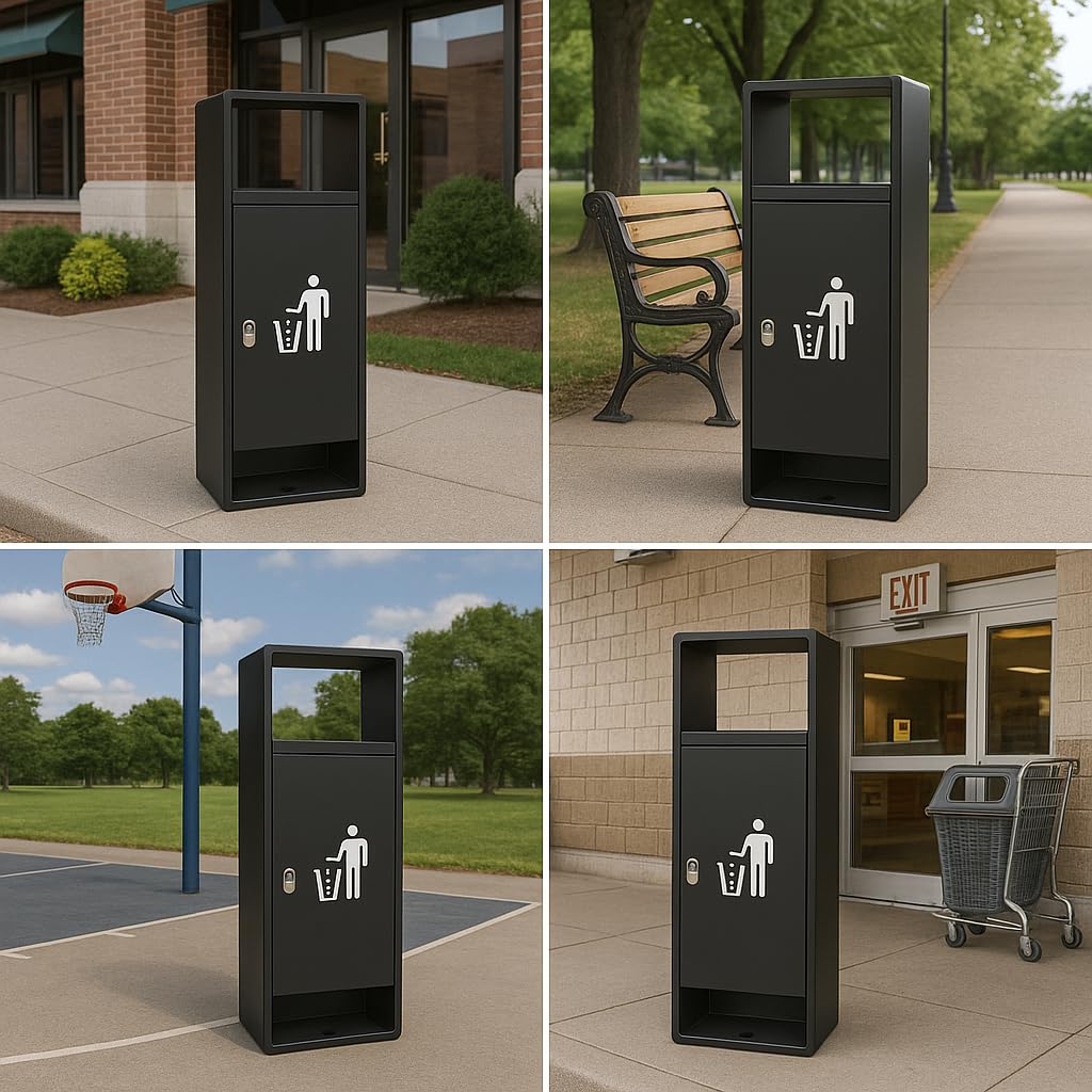 Four-panel showcase of outdoor trash bin in different settings: office building, park bench area, sports facility, and retail entrance
