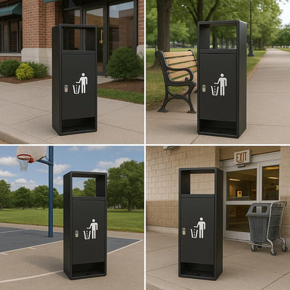 Four-panel showcase of outdoor trash bin in different settings: office building, park bench area, sports facility, and retail entrance