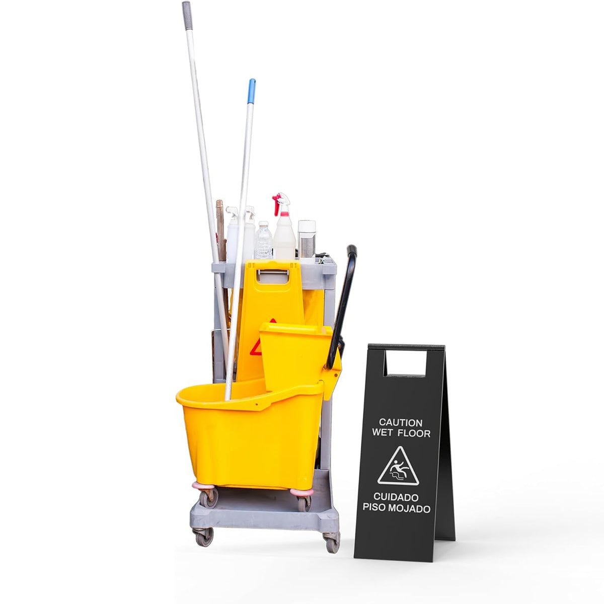 Yellow commercial cleaning cart with wet floor caution a-frame safety sign showing complete janitorial safety equipment for professional cleaning