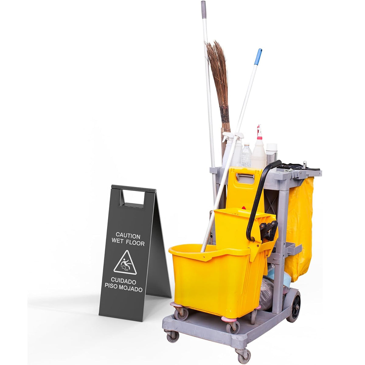  Caution wet floor a-frame sign positioned next to yellow commercial janitorial cleaning cart showing professional cleaning safety equipment