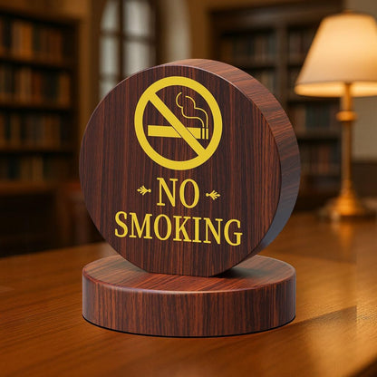 Wooden no smoking table sign in warm library or lounge setting with soft lighting