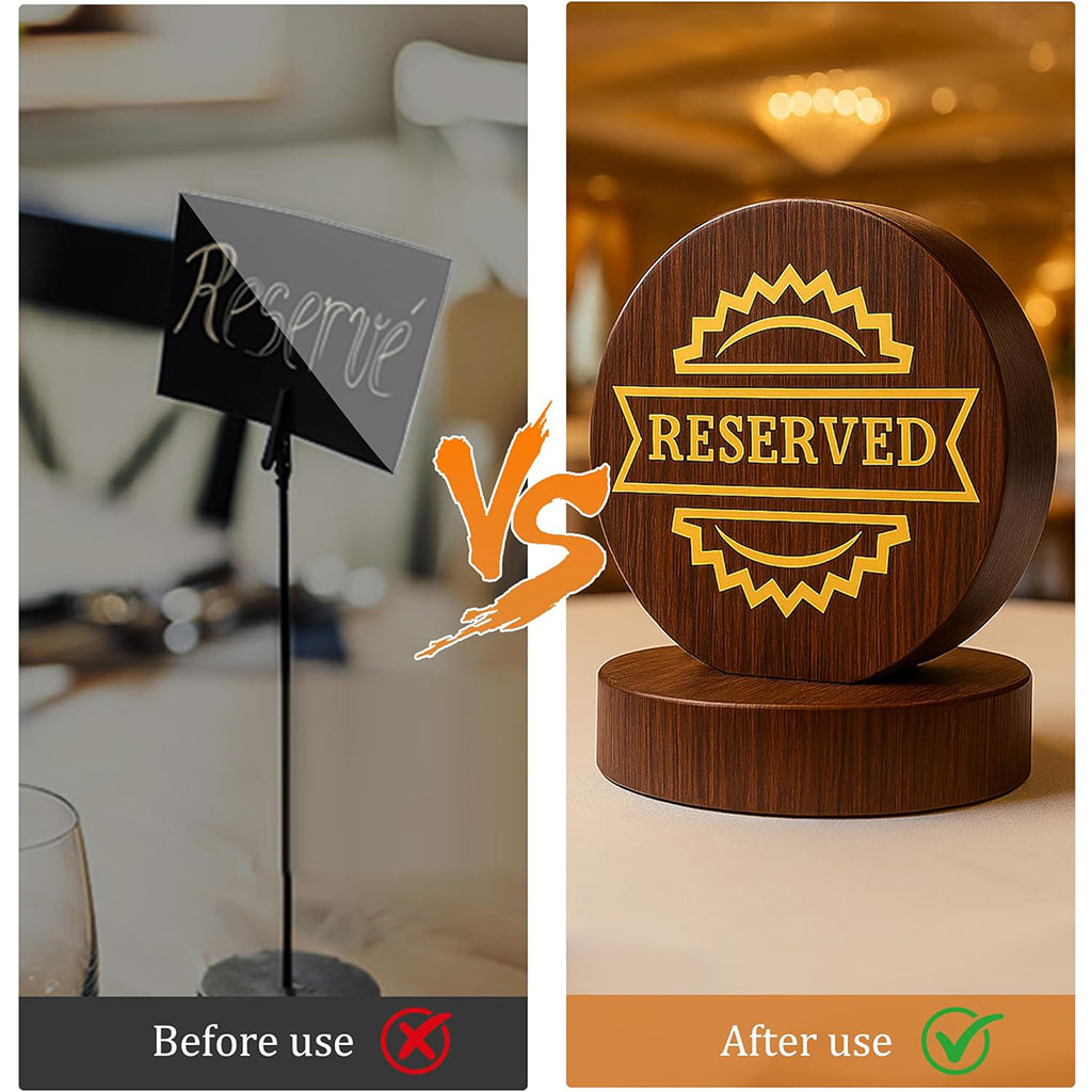 Split image showing comparison between basic metal reserved sign and premium wooden table sign upgrade