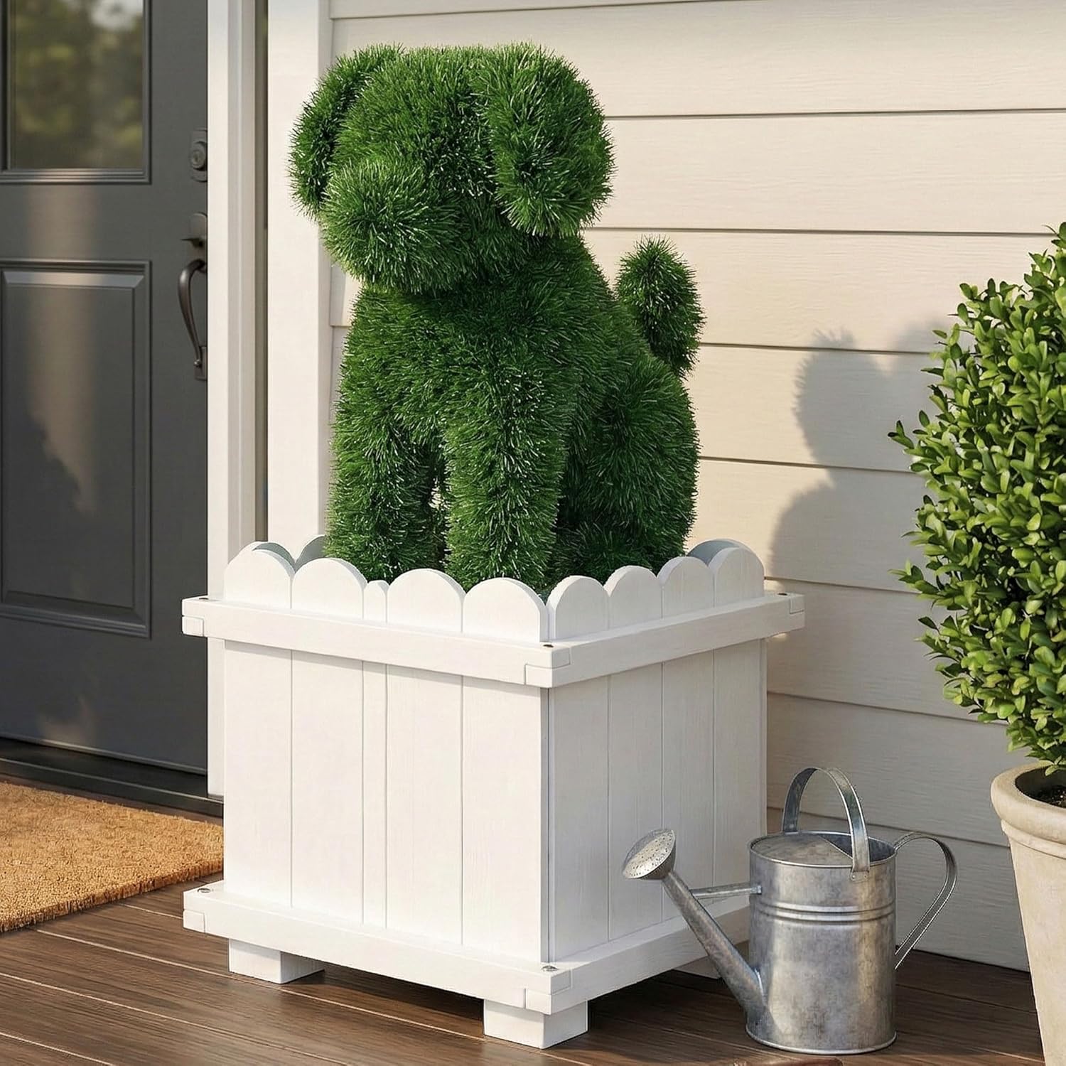 Artificial Dog Topiary with White Planter Box - Faux Grass Puppy Sculpture for Front Door, Porch & Garden Décor - CrazyAnt