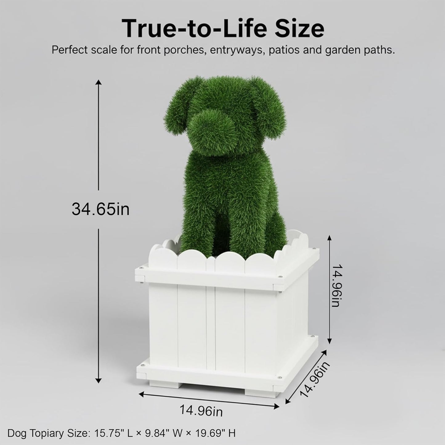 Artificial Dog Topiary with White Planter Box - Faux Grass Puppy Sculpture for Front Door, Porch & Garden Décor - CrazyAnt