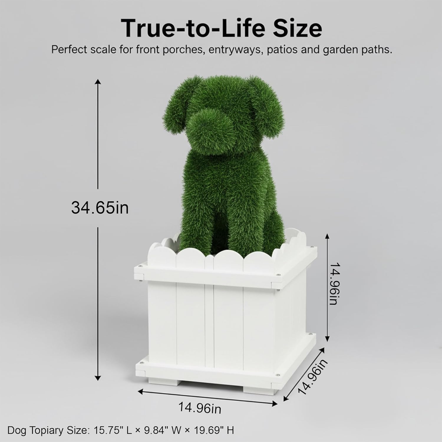 Artificial Dog Topiary with White Planter Box - Faux Grass Puppy Sculpture for Front Door, Porch & Garden Décor - CrazyAnt
