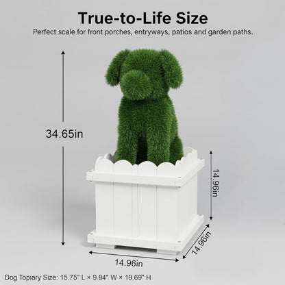Artificial Dog Topiary with White Planter Box - Faux Grass Puppy Sculpture for Front Door, Porch & Garden Décor - CrazyAnt
