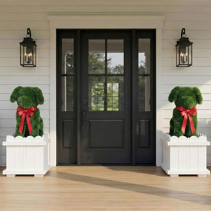 Artificial Dog Topiary with White Planter Box - Faux Grass Puppy Sculpture for Front Door, Porch & Garden Décor - CrazyAnt