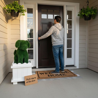 Artificial Dog Topiary with White Planter Box - Faux Grass Puppy Sculpture for Front Door, Porch & Garden Décor - CrazyAnt