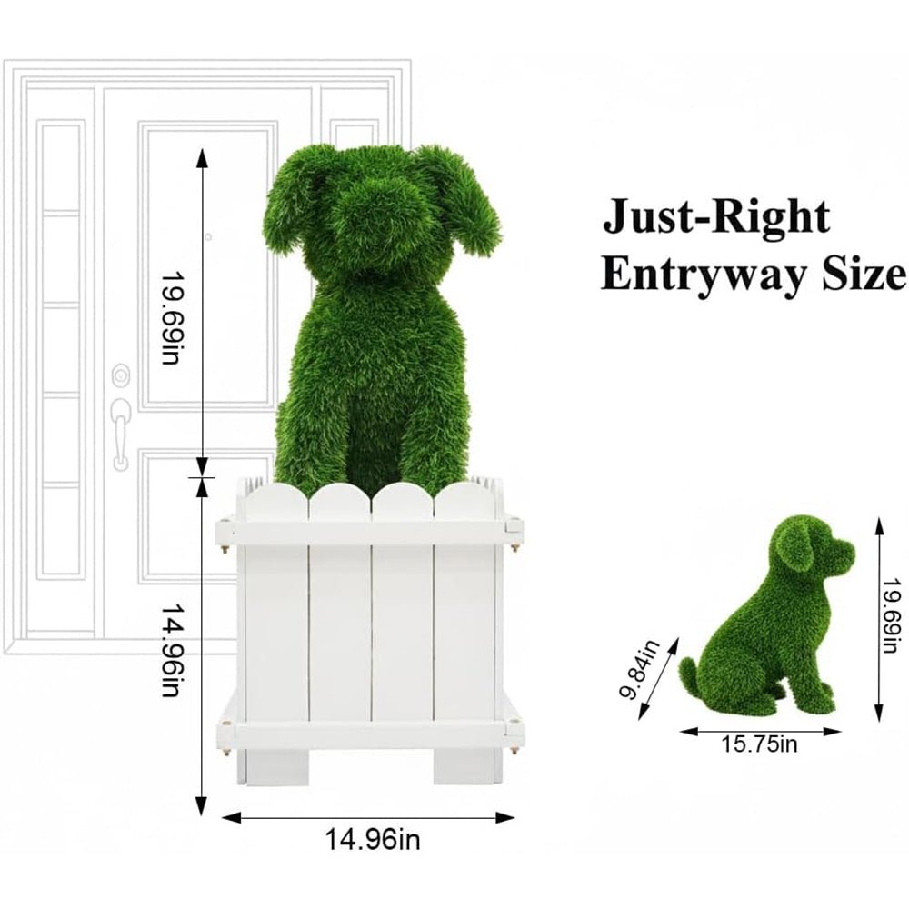 Artificial Dog Topiary with White Planter Box - Faux Grass Puppy Sculpture for Front Door, Porch & Garden Décor - CrazyAnt