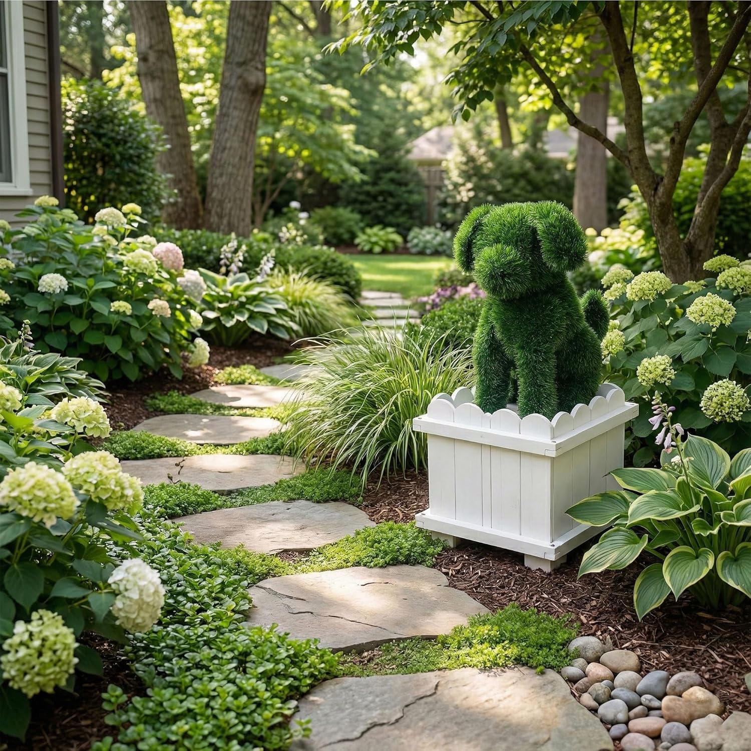 Artificial Dog Topiary with White Planter Box - Faux Grass Puppy Sculpture for Front Door, Porch & Garden Décor - CrazyAnt