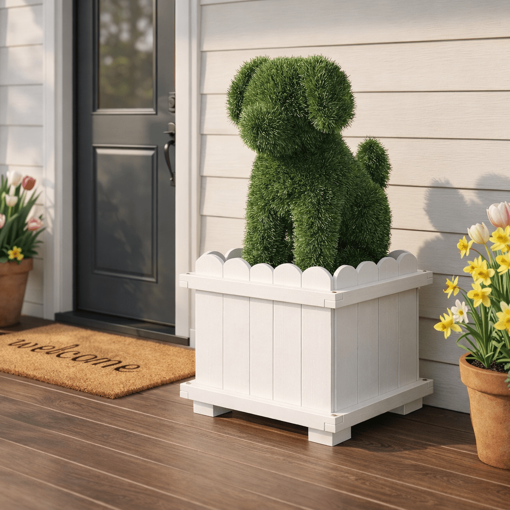 Artificial Dog Topiary with White Planter Box - Faux Grass Puppy Sculpture for Front Door, Porch & Garden Décor - CrazyAnt